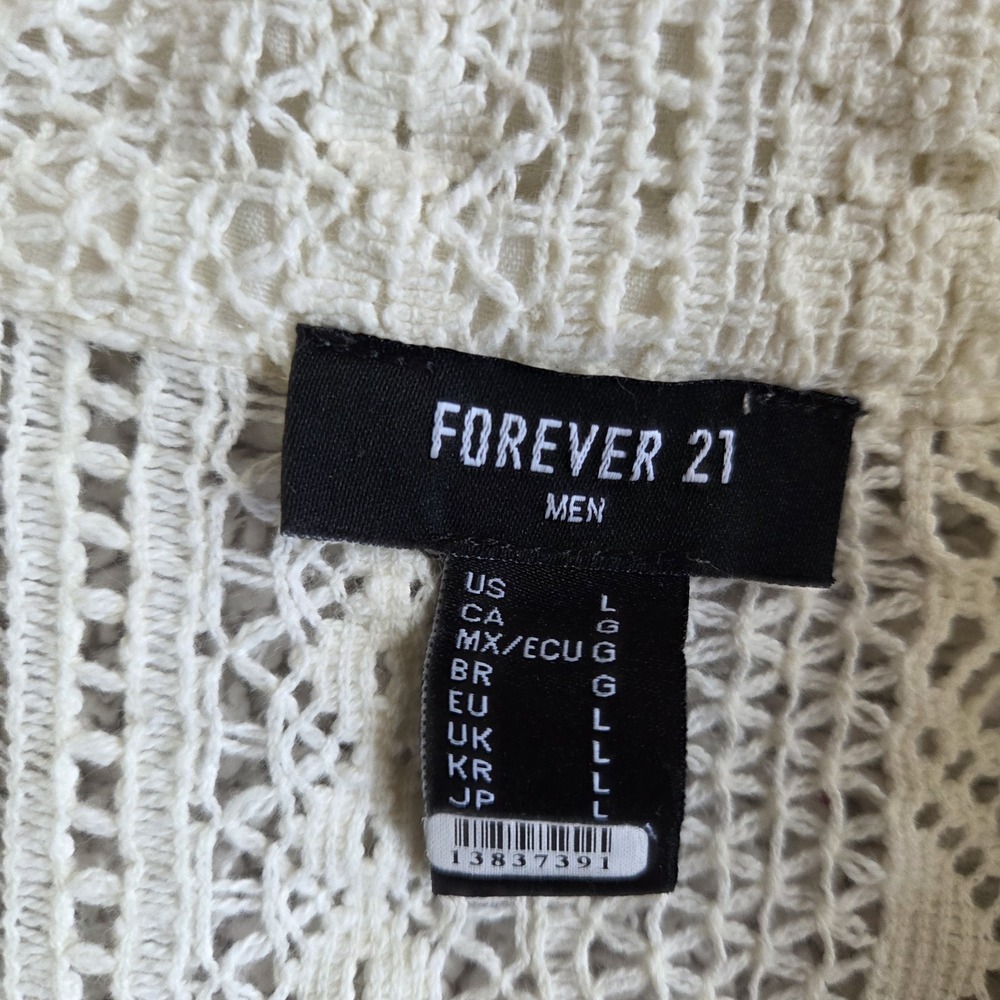 Mens Size Large Crochet Knit Cotton Shirt Colorblock Tan Cream Button Up Boho - Picture 7 of 7